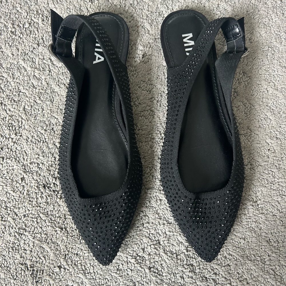 MIA Black Pointed Slingback Flats with Rhinestone Detail